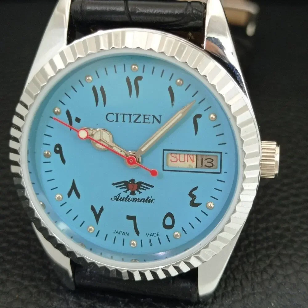 Vintage 1985 Citizen Automatic Mens Silver Watch W/daydate & Blue accents